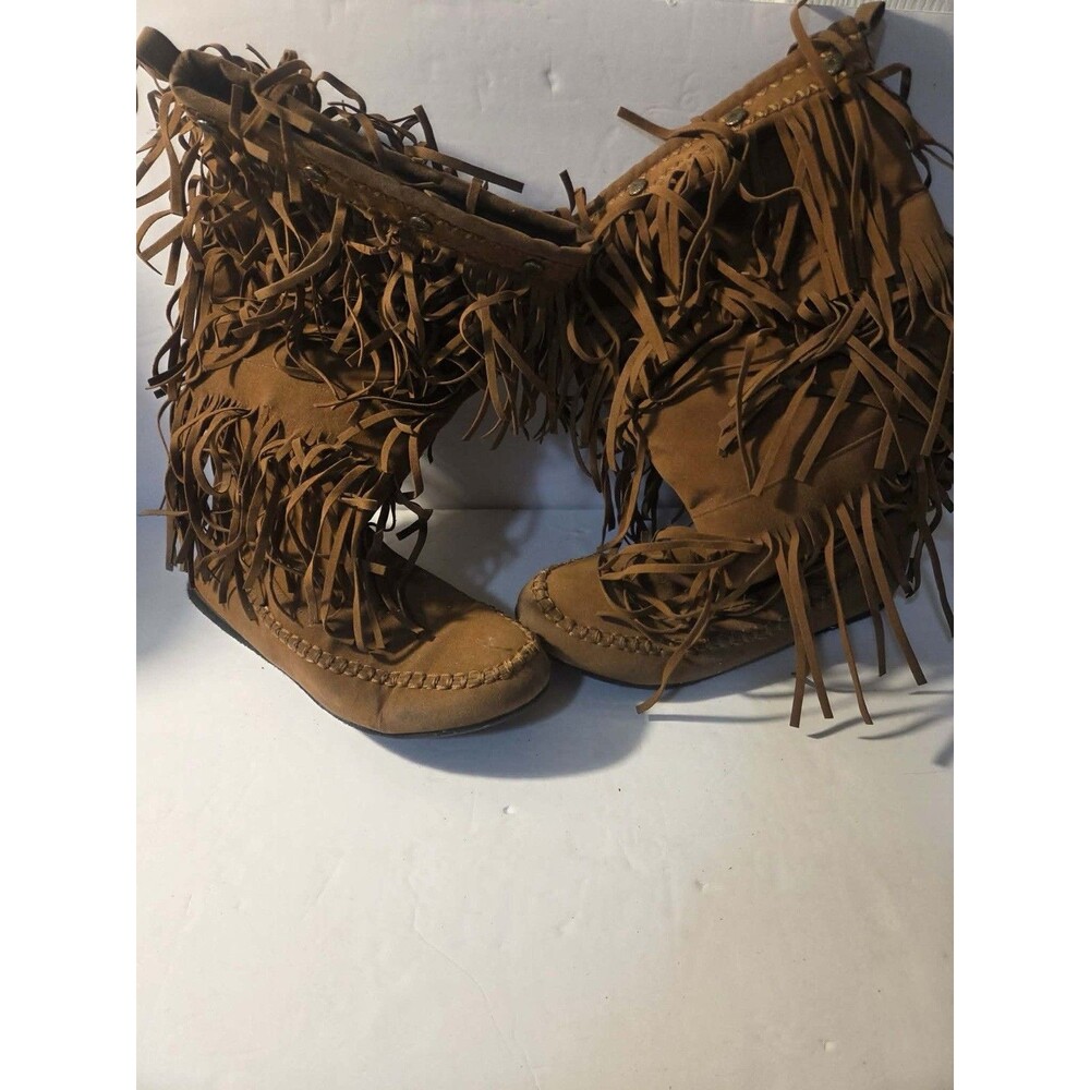 Hotcakes Women's Brown Fringed Moccasin Boots, Size 10M, Faux Suede